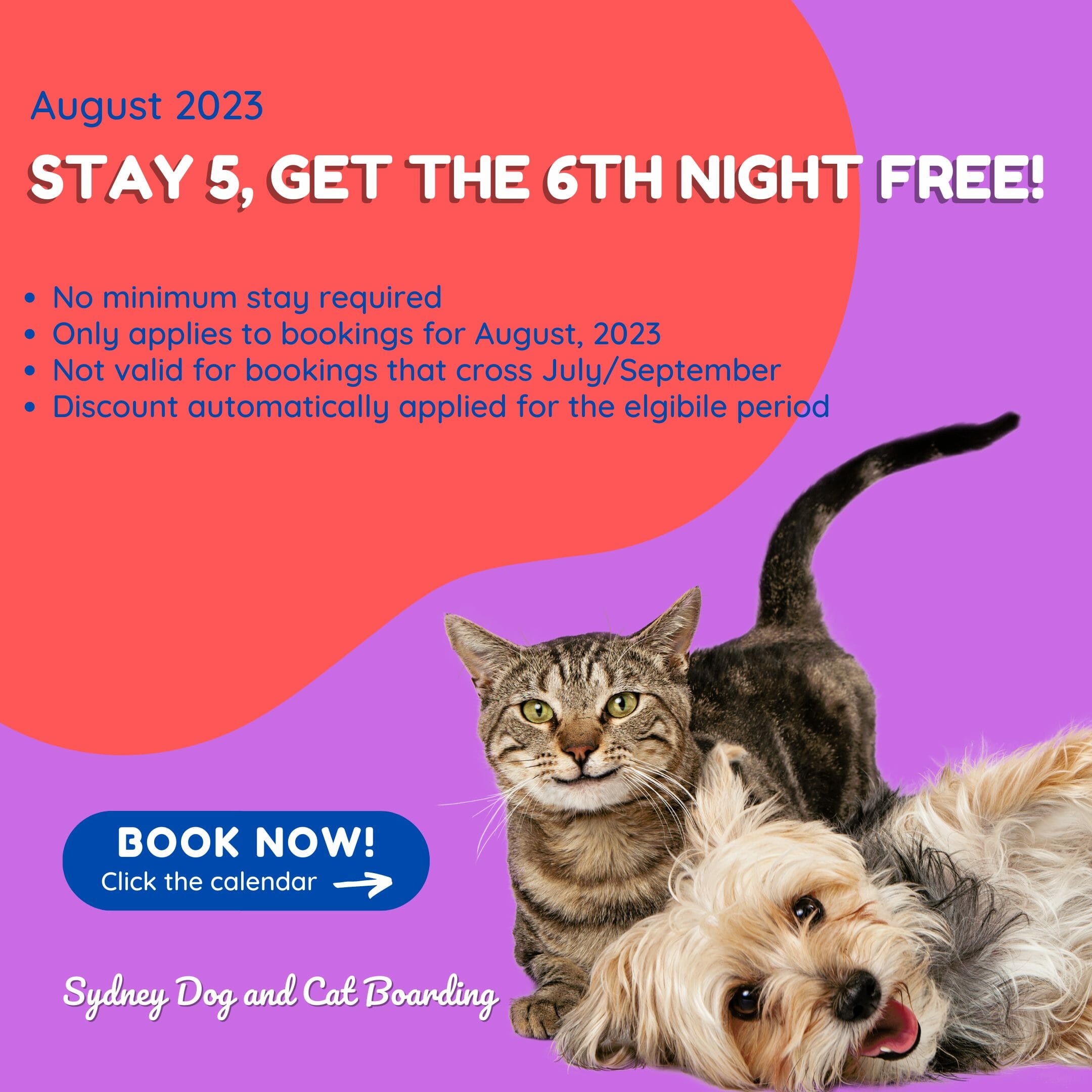 Dog and Cat Boarding - August Special - Book 5 nights and stay the 6th night for free at Sydney Dog and Cat Boarding